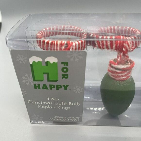 H for Happy Set Of 4 Christmas Light Bulb Napkin Rings NEW Holiday Party XMAS - Picture 4 of 5